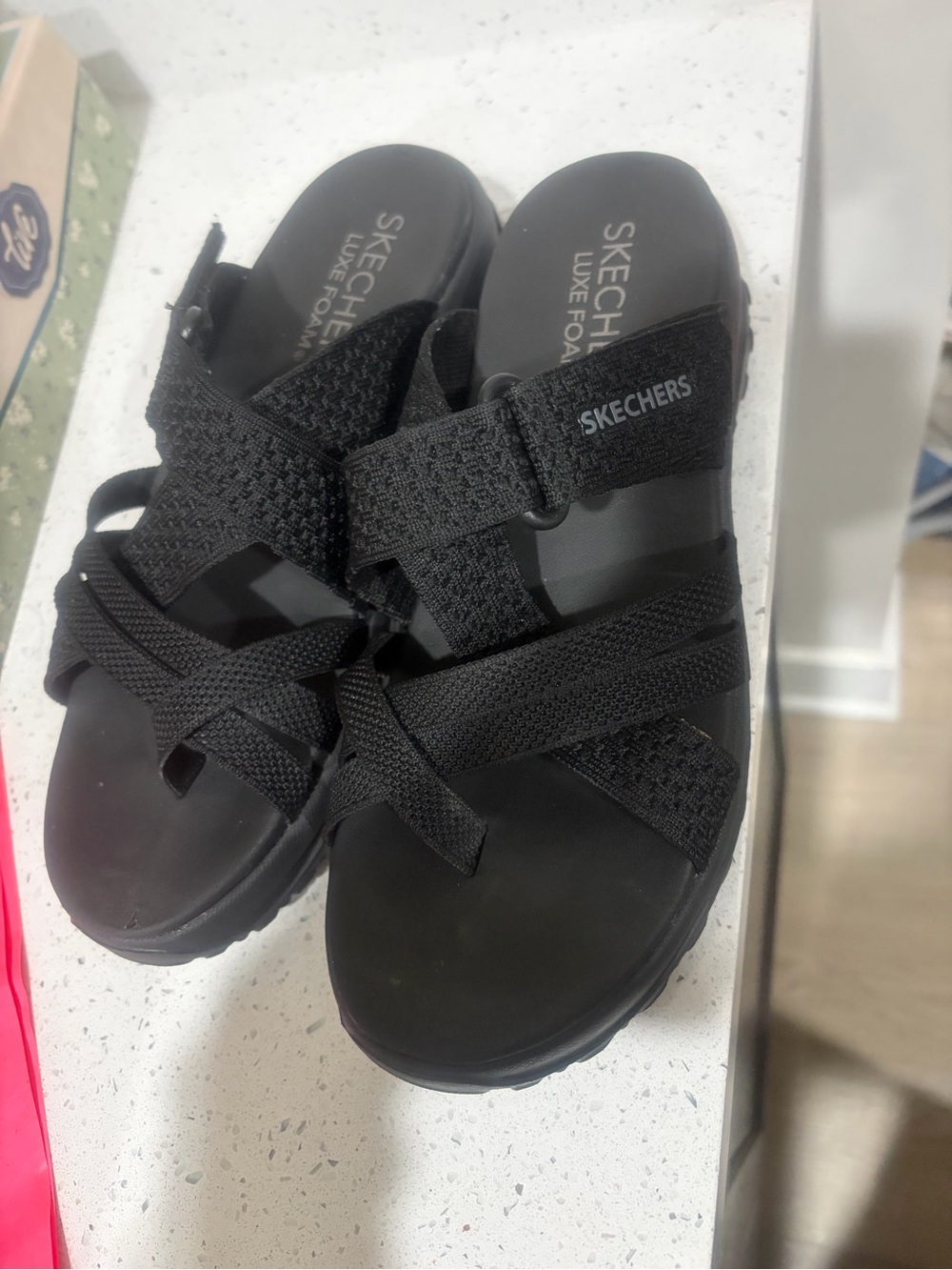 Skechers Black Knit Crisscross Slide Sandals